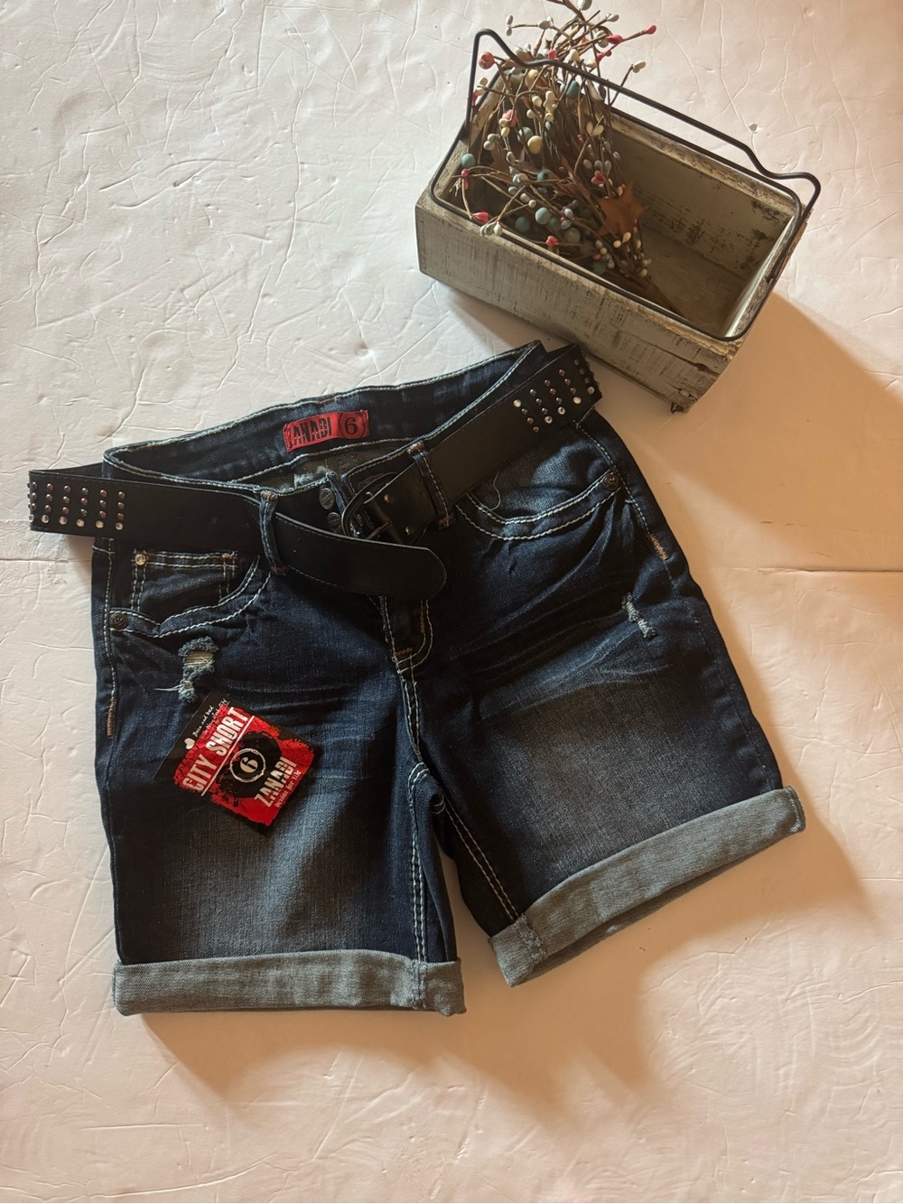 Zanadi Dark Blue Rolled Hem Denim Shorts with Studded Black Belt